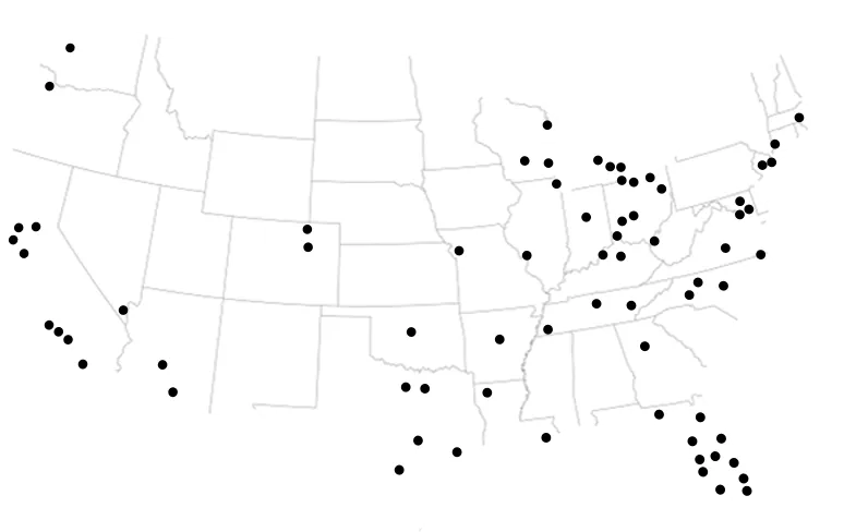 Map of the United States with dots marking the cities Dryver serves